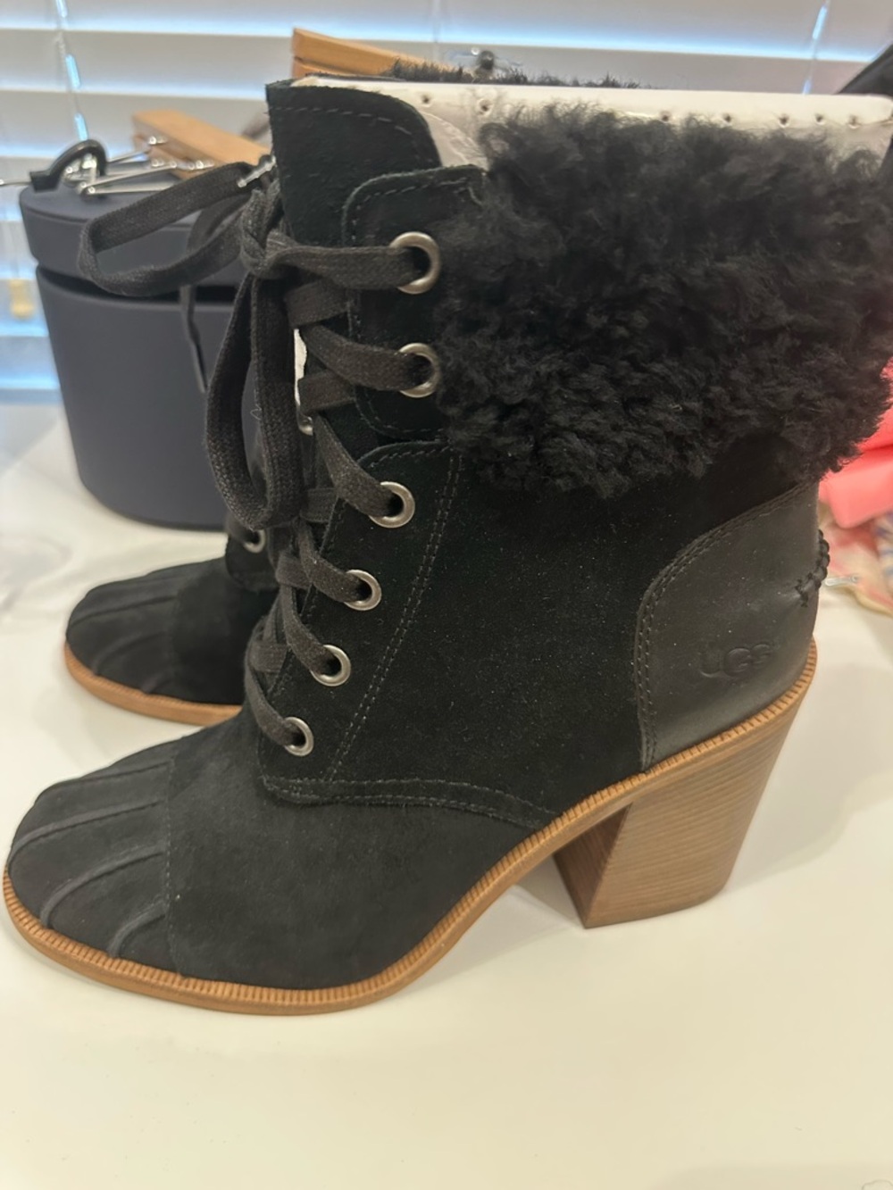 UGG Black Suede Lace-Up Shearling Cuff Block Heel Boots